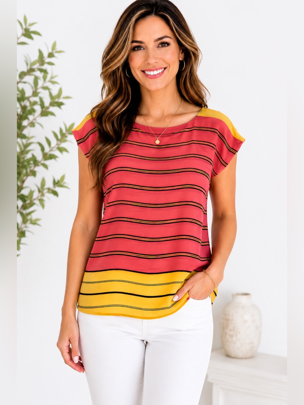 Ann Taylor Loft Women's Sz M Multicolor Cap Sleeve Striped Career Sheer Blouse